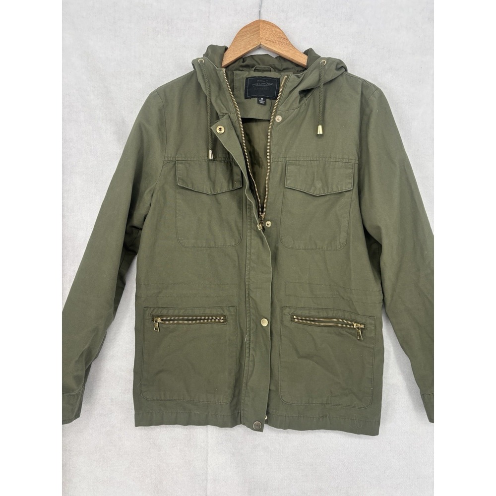 Miss London Army Green Cargo Jacket M Hooded Zipper Pockets Streetwear Casual